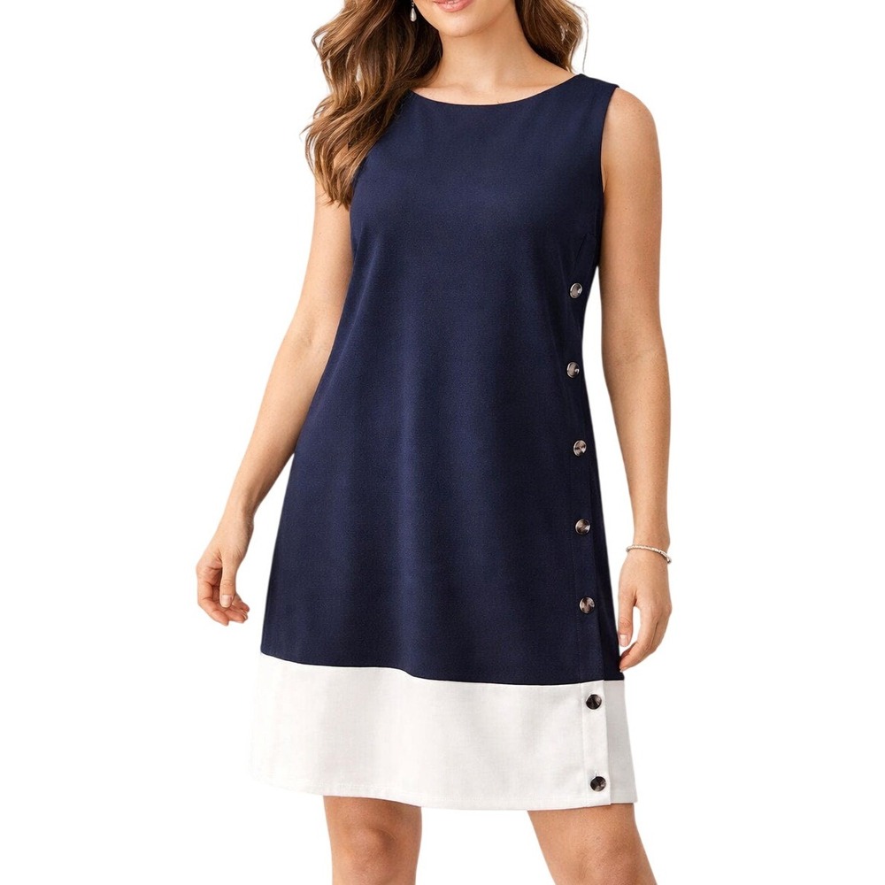Sleeveless Navy and White Button-Accent Shift Dress